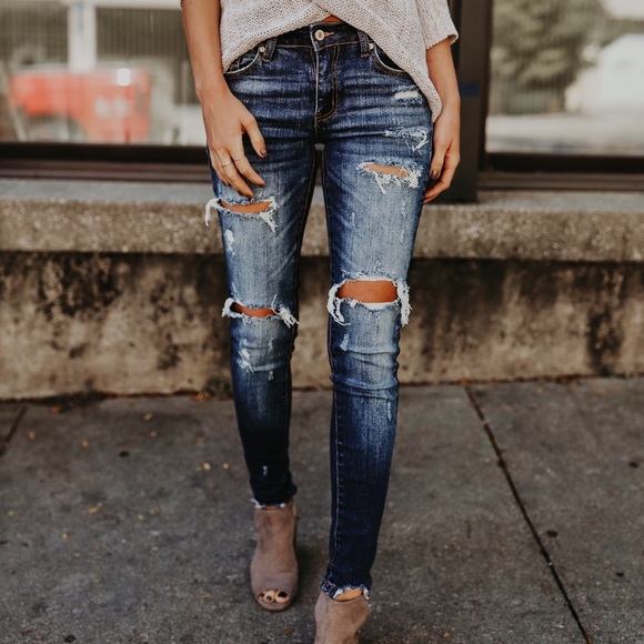 Distressed Denim Ankle Skinny Dark Wash Jeans - Picture 2 of 9